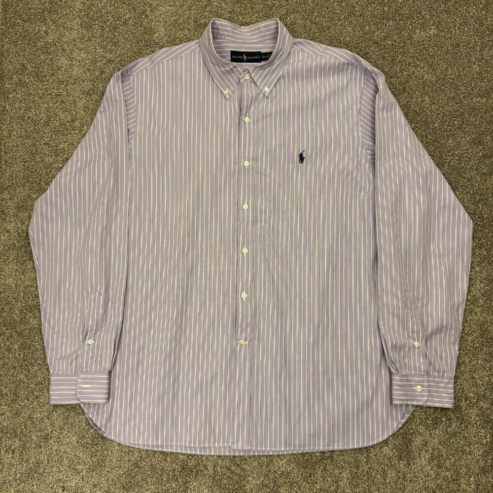 Ralph Lauren Men's Button Down Shirt Size 17.5 Purple Striped Long Sleeves EUC - Picture 2 of 11